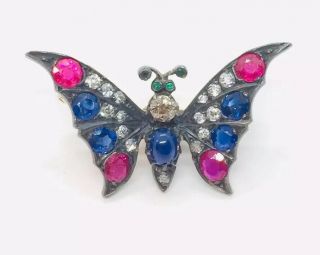 Antique Victorian 14k Gold & Silver Diamond Ruby & Sapphire Butterfly Pin