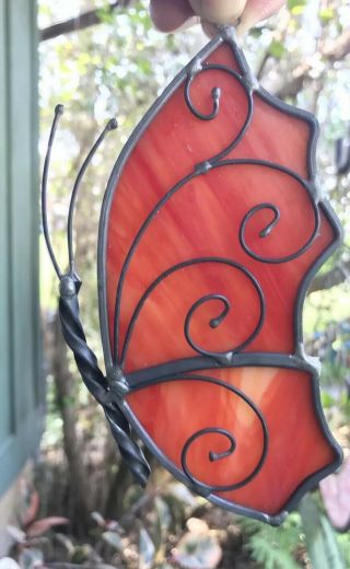 Vintage Stained Glass Orange Slag Butterfly Sun Catcher Window Ornament 5.  5” T
