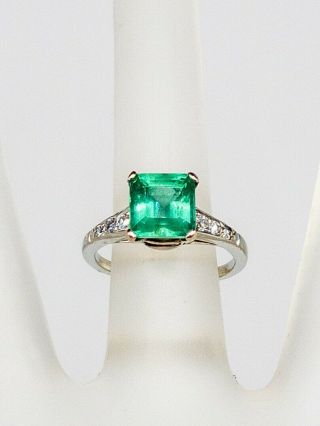 Antique 1930s $8000 3ct Asscher Cut Colombian Emerald Diamond Platinum Ring