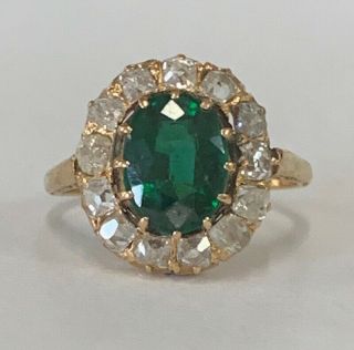 Estate Jewelry Antique Emerald & Diamond Ring 14k Yellow Gold Band Size 5.  25