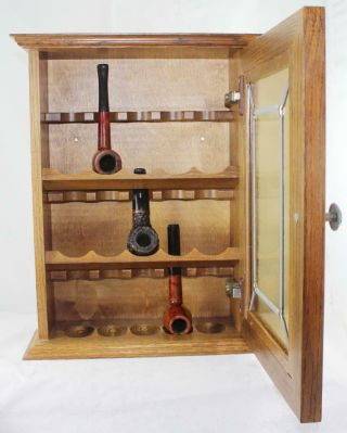 15 Smoking Pipe Oak Cabinet - Leaded Glass Door - Wall Or Table