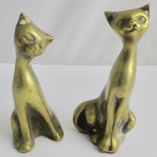 Vintage Pair Mid Century Modern Brass Siamese Cats Figurines Statues Patina
