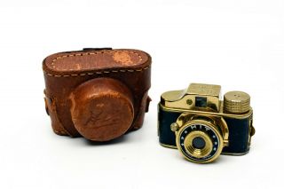 Vintage Hit Gold Miniature Mini Spy Camera W/ Leather Case Functioning Novalty