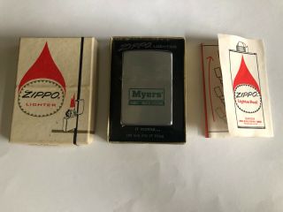 Vintage 1976 Old Stock Nos Zippo Advertising Lighter Myers W/box Brochure