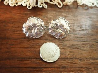 Vintage Large 1.  25 " Sterling Silver Pansy Flower Post Earrings Stamped Design