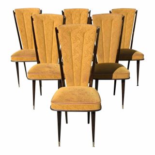 Set Of 6 French Art Deco Solid Mahogany Dining Chairs 1940s