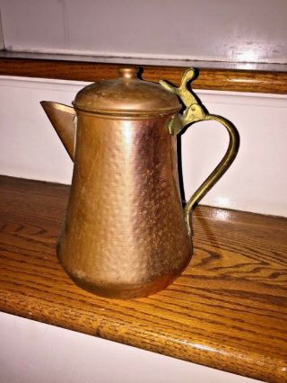Vintage Antique Hammered Copper Tea Coffee Pot With Brass Handle Fixture 9 " X 8 "