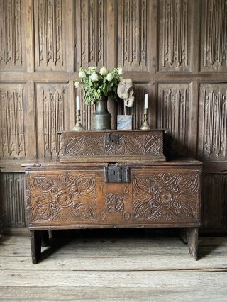 A 17th Century Carved Oak Boarded Chest Dated 1620 With The Noel Family Crest