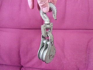 Vintage Steel Double Pulley With Swivel Hook 7 1/2 " Long Shabby Green Paint