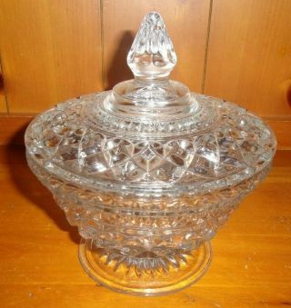 Vintage Large Windsor Diamond Depression Glass Pedestal Candy Dish And Lid