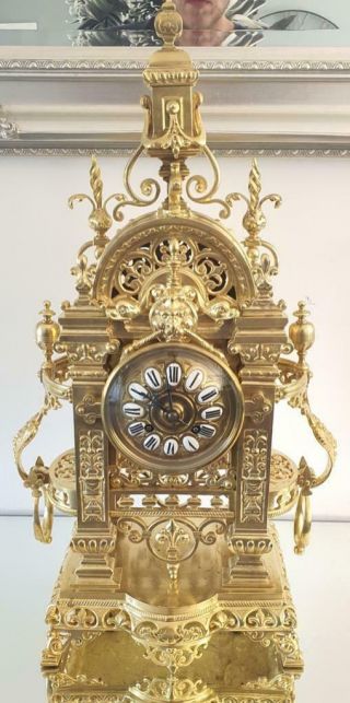 Lovely Antique French 1880 Pierced Gilt Bronze Bell Striking Mantle Clock