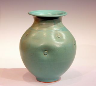 Vintage Studio Art Pottery Matt Green Crystalline Glaze Dimple Dent Vase Signed