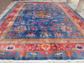 Antique Hand Made Art Deco Chinese Carpet Blue Red Wool Large Carpet 428x350cm