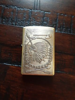 Zippo Lighter Solid Brass Native American Indian Chief Warrior Head Jan 2001