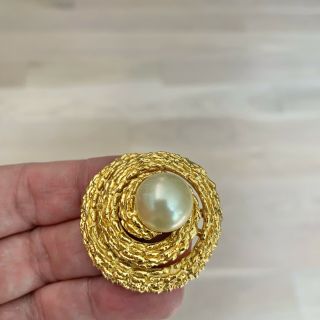 Vintage Trifari Gold Tone And Faux Pearl Brooch Domed Swirl