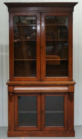 VICTORIAN MAHOGANY GLASS DOORED LIBRARY BOOKCASE CABINET WITH SINGLE DRAWER 2