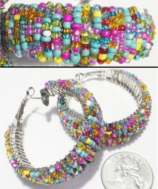 Large Wide Vintage Boho Multicolor Bead Wire Wrap Omega Pierced Earrings 1 7/8 "