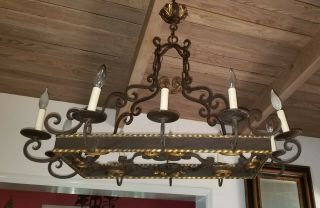 Massive Antique Country French Gilded Wrought Iron 10 Arm Chandelier