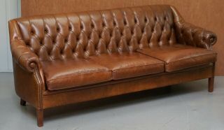 Stunning Heritage Vintage Brown Leather Chesterfield Tufted Three Seater Sofa