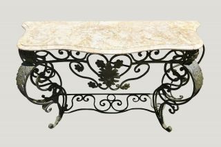 Antique Marble Top French Patinated Wrought Iron Console Table