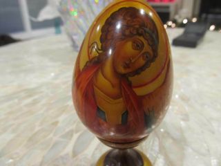 Vtg Orthodox Russian Icon Hand Painted Lacquered Wood Egg & Stand 4.  5 " Tall