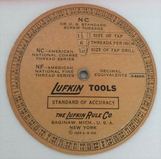 Vintage 1935 Lufkin Pipe Threads & Screw Threads Tap & Drill Size Wheel Chart