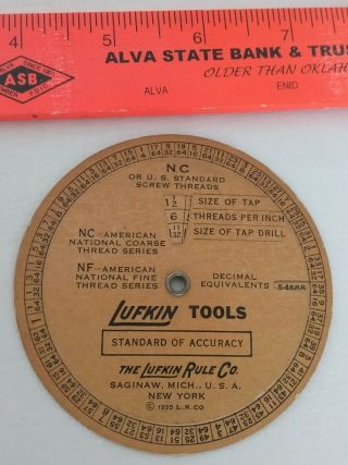Vintage 1935 Lufkin Pipe Threads & Screw Threads Tap & Drill Size Wheel Chart 3
