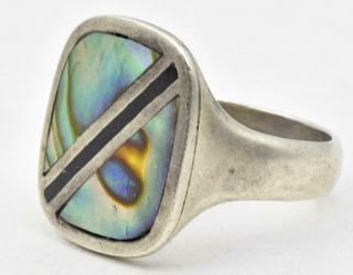 Vintage Sterling Silver Inlaid Abalone Mother Of Pearl & Enamel Unisex Ring