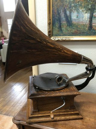 Antique Victor Iii Talking Machine Gramophone With Oak Horn Circa 1900