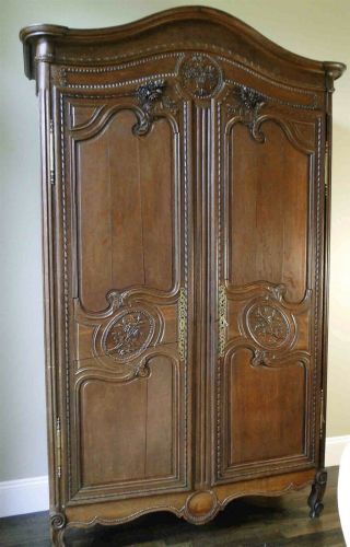 Antique French Armoire Wedding Wardrobe Recessed Panels Carving Shelves,  Key