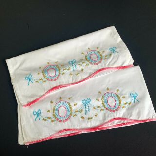 Vintage White Cotton Pillowcases With Hand Embroidery Flowers & Ribbons
