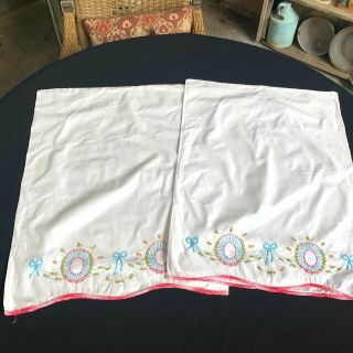 Vintage White Cotton Pillowcases With Hand Embroidery Flowers & Ribbons 2