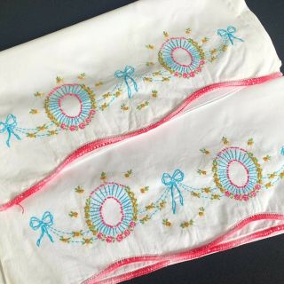 Vintage White Cotton Pillowcases With Hand Embroidery Flowers & Ribbons 3
