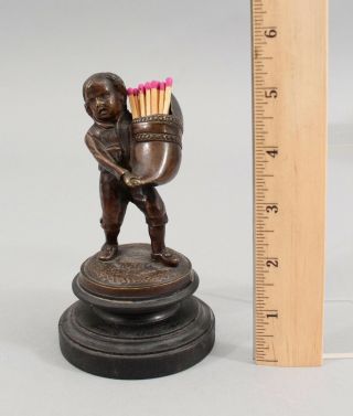 19thc Antique Bronze Sculpture Boy Holding Shoe Match Holder & Wood Base,  Nr