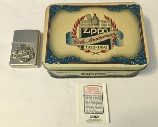 1992 Zippo 60th Anniversary " Nickel Finish " Cigarette Lighter With Tin