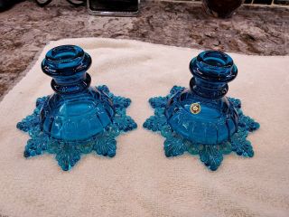 Vintage Pair Westmoreland Cobalt Blue Ring And Petal Candle Holders
