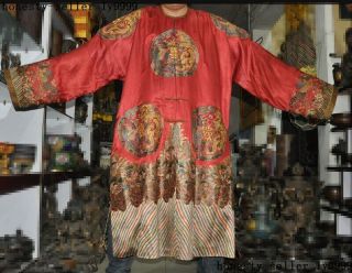 76 " Old Chinese Silk Cloth Dynasty Palace Red Dragon Phoenix Robe Imperial Robe