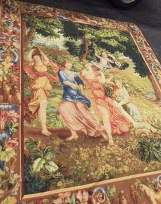French Aubusson Tapestry Or Flemish Antique Wall Hanging 110x92 " Wool C1880