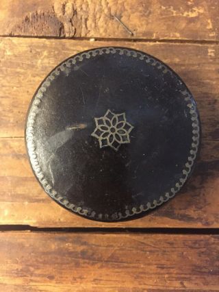 Antique 19th Century Round Paper Mache Snuff Box Black Mandala Flower 1800s
