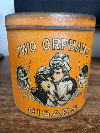 Vintage Two Orphans Cigar Tobacco Tin Advertising Canister