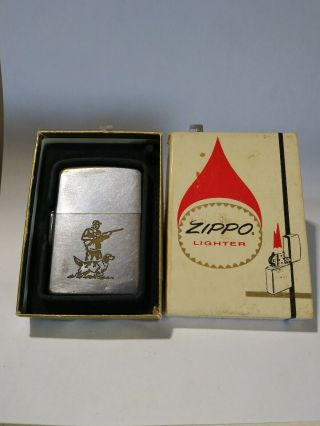 1955 Vintage Zippo Lighter Sports Series Loss Proof Hunter With Dog Box