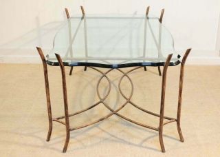 Hollywood Regency Iron Faux Bois Iron and Glass French Bagues Style Coffee Table 2