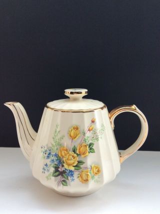 Vintage Sadler Teapot Made In England Ivory With Yellow Roses And Gold Trim