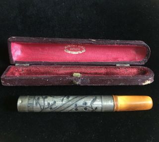 Vintage Niello Sterling Silver And Amber Cigarette Holder With Leather Case