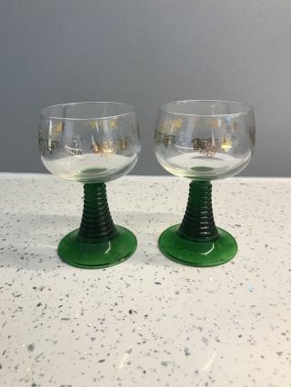 2 X Green Beehive Stem Base Roemer Wine Glasses Goblets Vintage German