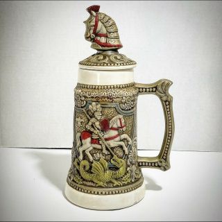Large Vintage Ceramic Collectible German Stein With Lid Knight & Dragon Detail