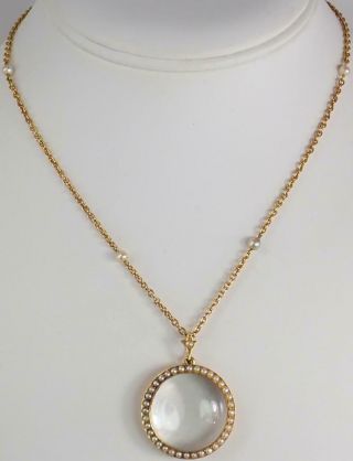 Fine Antique Victorian 18k Gold Seed Pearl Rock Crystal Locket Pendant Necklace
