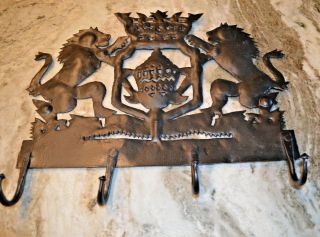 Vintage Wrought Iron Coat Of Arms 2 - Hooks Coat Hanger Wall Plaque W/ Battle Axes