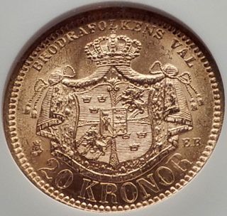 1881 Sweden King Oscar Ii Antique Gold 20 Kronor Swedish Coin Ngc Ms 64 I70148