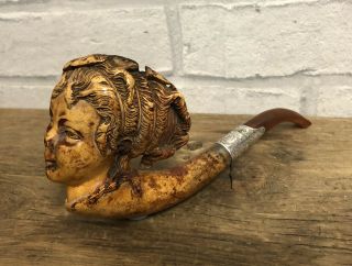 Large Antique Victorian Meerschaum Pipe With Silver Collar.